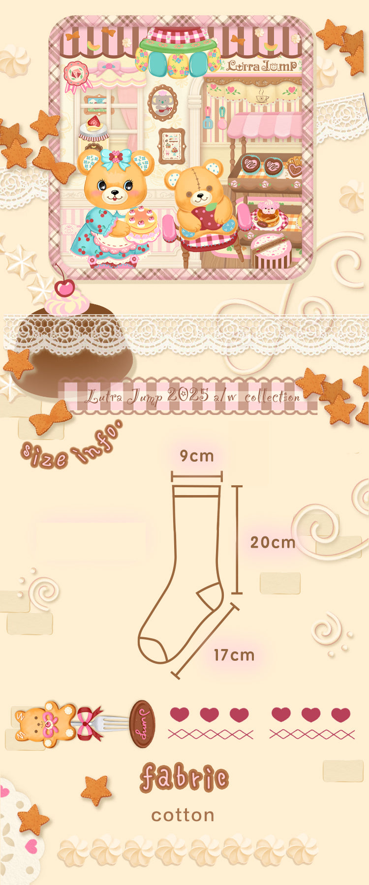 Original bear stripes thin pattern lace versatile mid-tube socks cotton socks