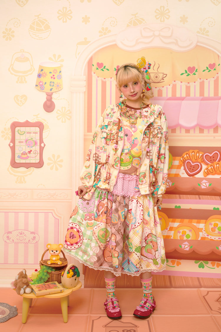 Original Print Bear Melon Patchwork Style Pattern Splicing Half Skirt Long Skirt
