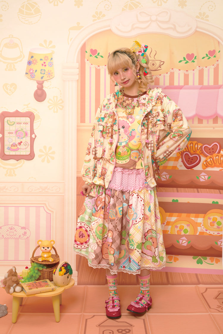 Original Print Bear Melon Patchwork Style Pattern Splicing Half Skirt Long Skirt