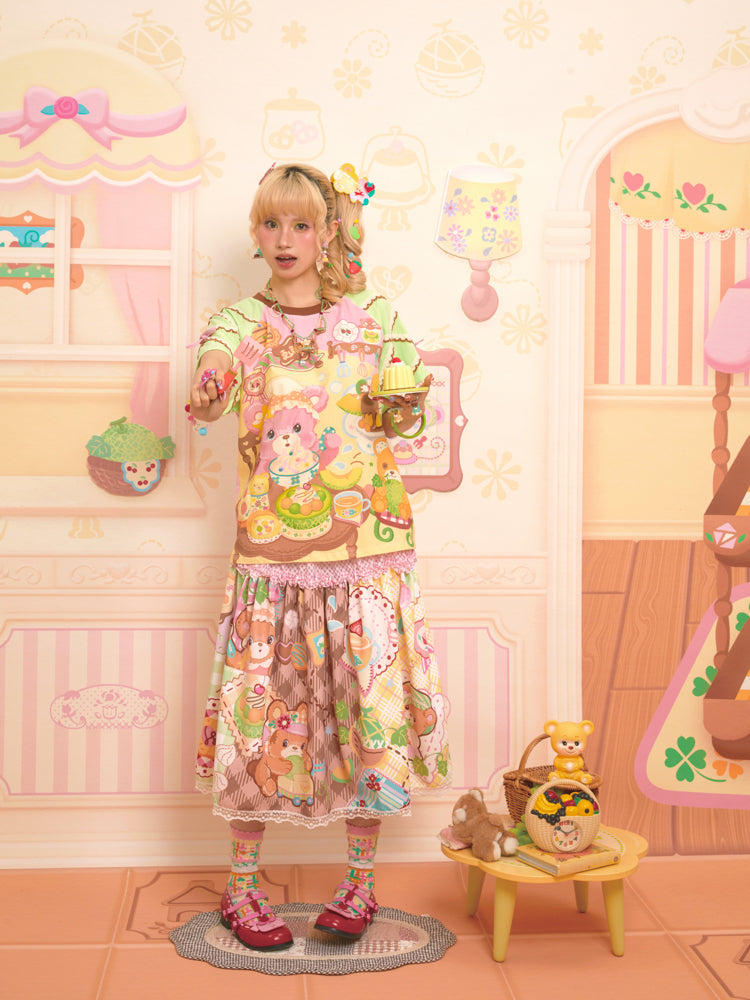 Original Print Bear Melon Patchwork Style Pattern Splicing Half Skirt Long Skirt