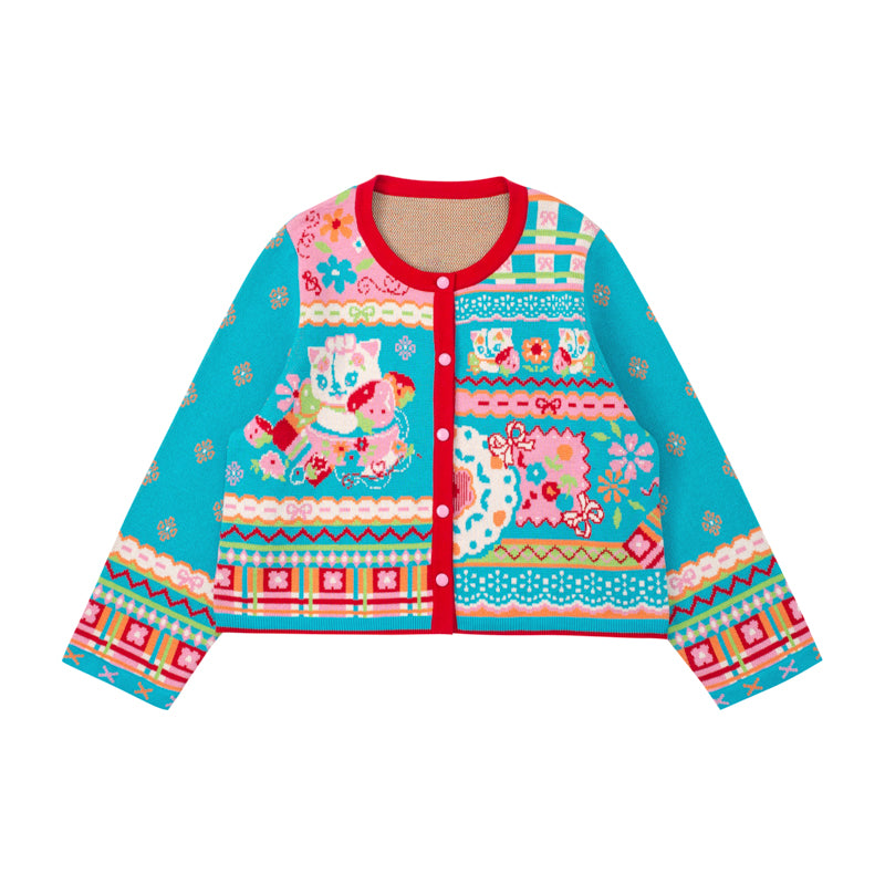 Blue retro strawberry cat illustration versatile knitted sweater cardigan