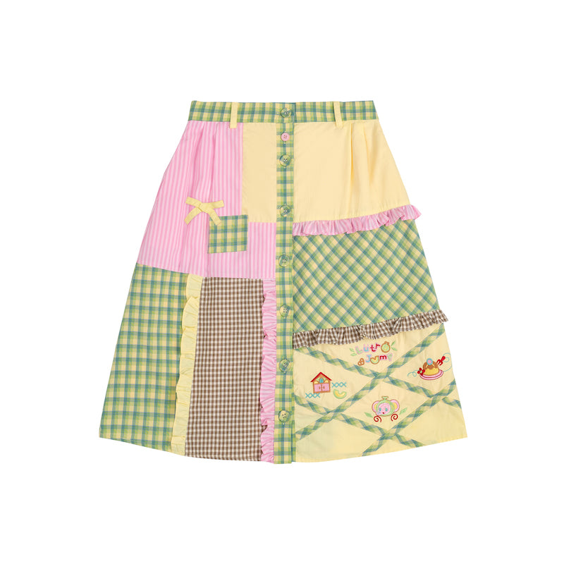 Original patchwork plaid embroidered melon-colored jacket & patchwork skirt set