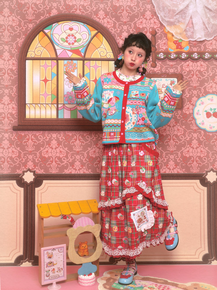 Blue retro strawberry cat illustration versatile knitted sweater cardigan