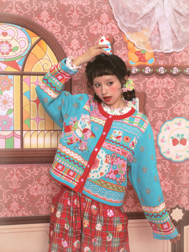 Blue retro strawberry cat illustration versatile knitted sweater cardigan
