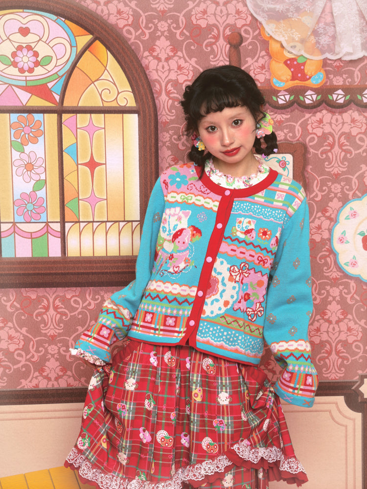 Blue retro strawberry cat illustration versatile knitted sweater cardigan