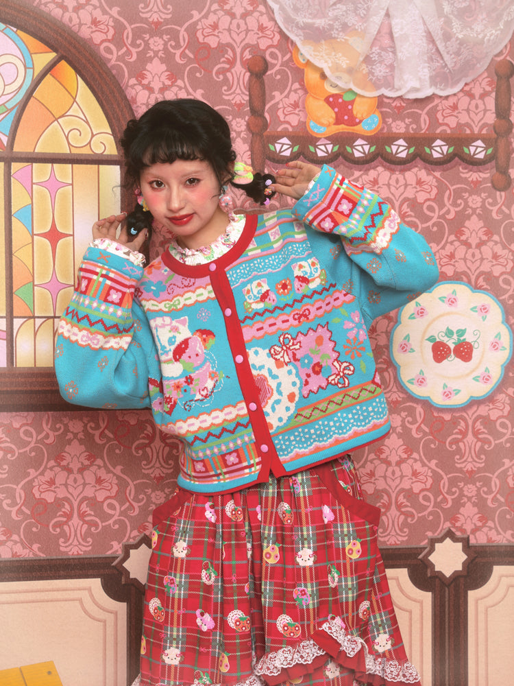 Blue retro strawberry cat illustration versatile knitted sweater cardigan