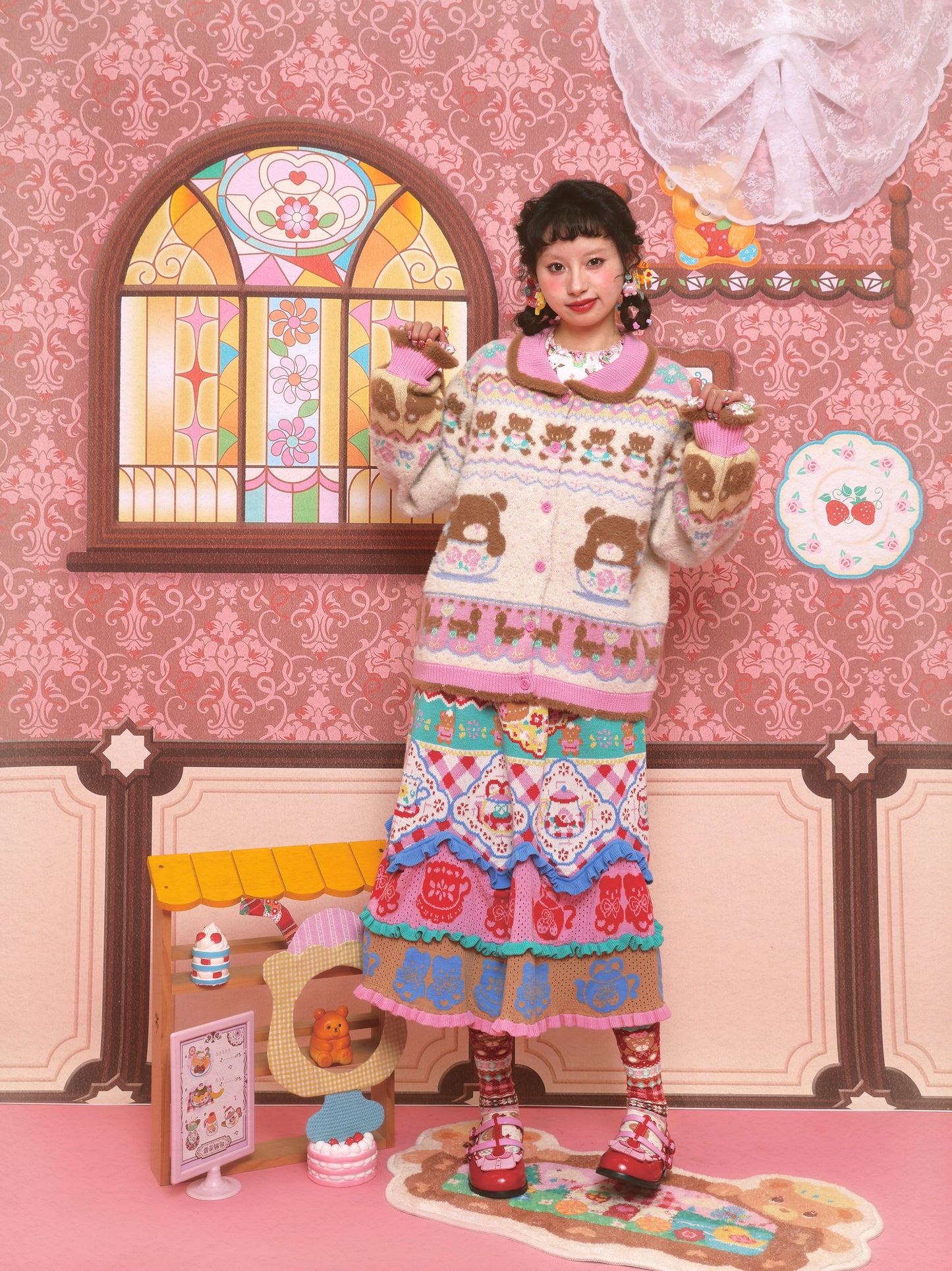 Creamy White Teacup Bear Fair Isle Mink Fur Warm Knitted Cardigan