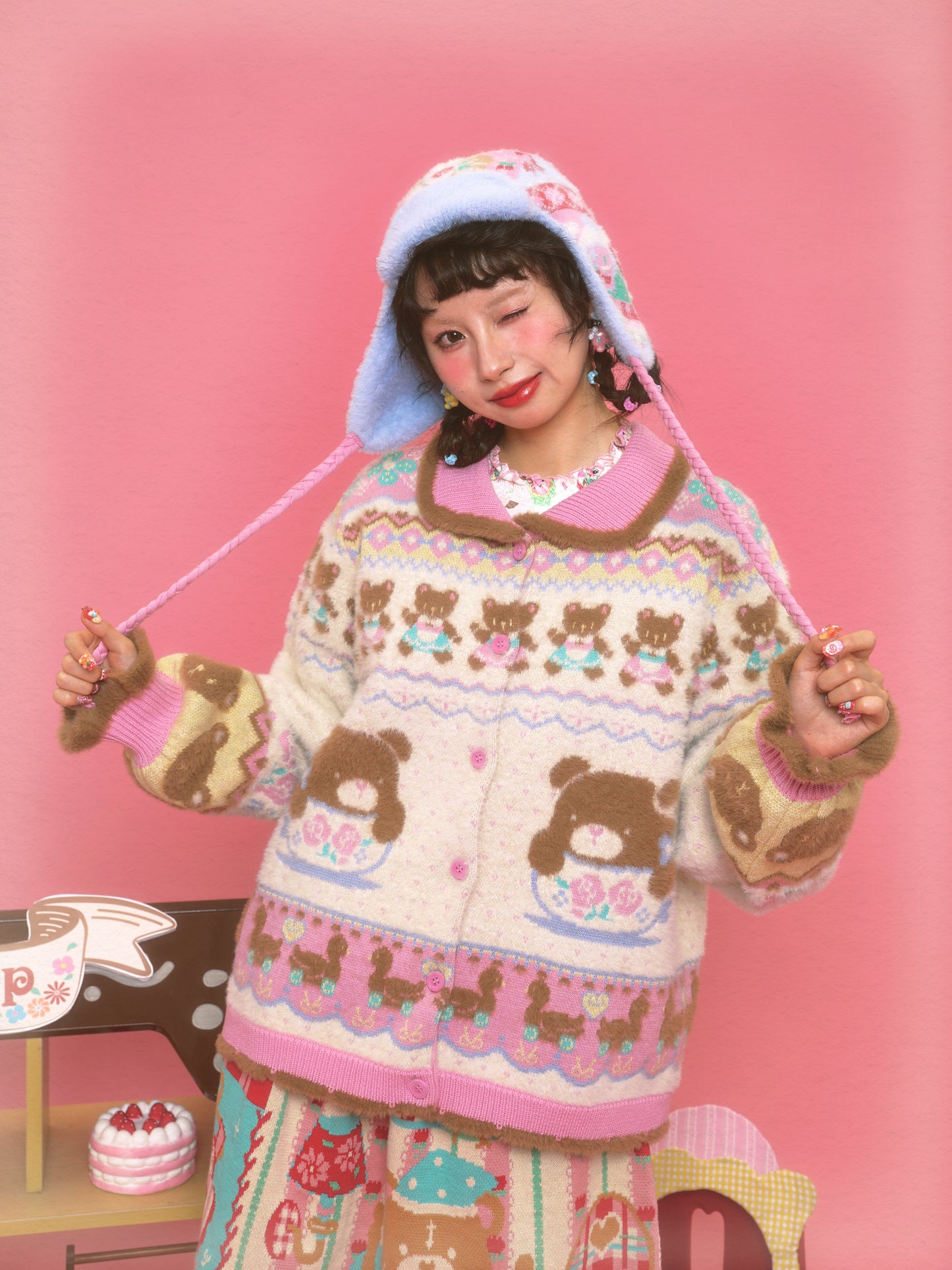 Creamy White Teacup Bear Fair Isle Mink Fur Warm Knitted Cardigan