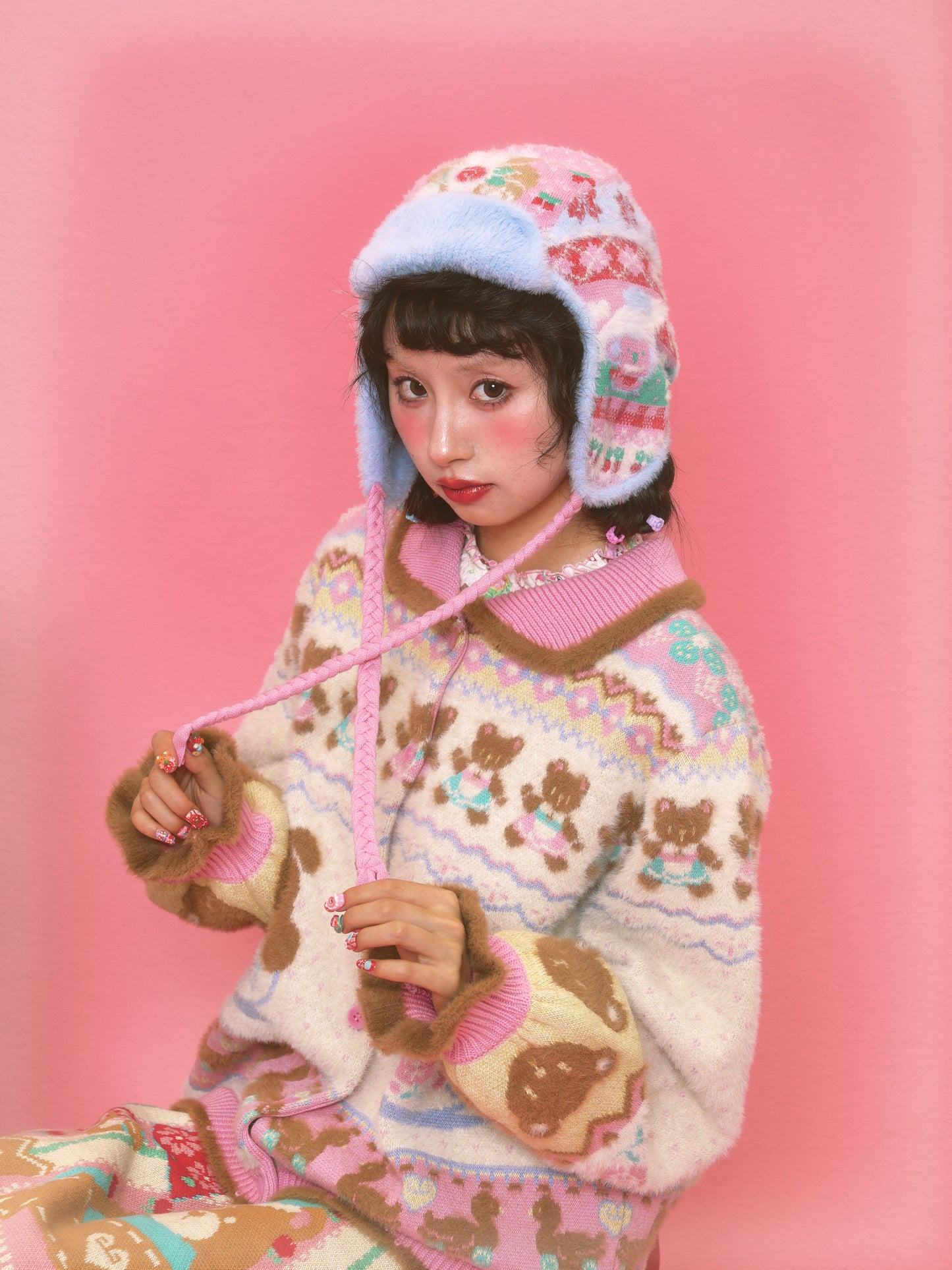 Creamy White Teacup Bear Fair Isle Mink Fur Warm Knitted Cardigan