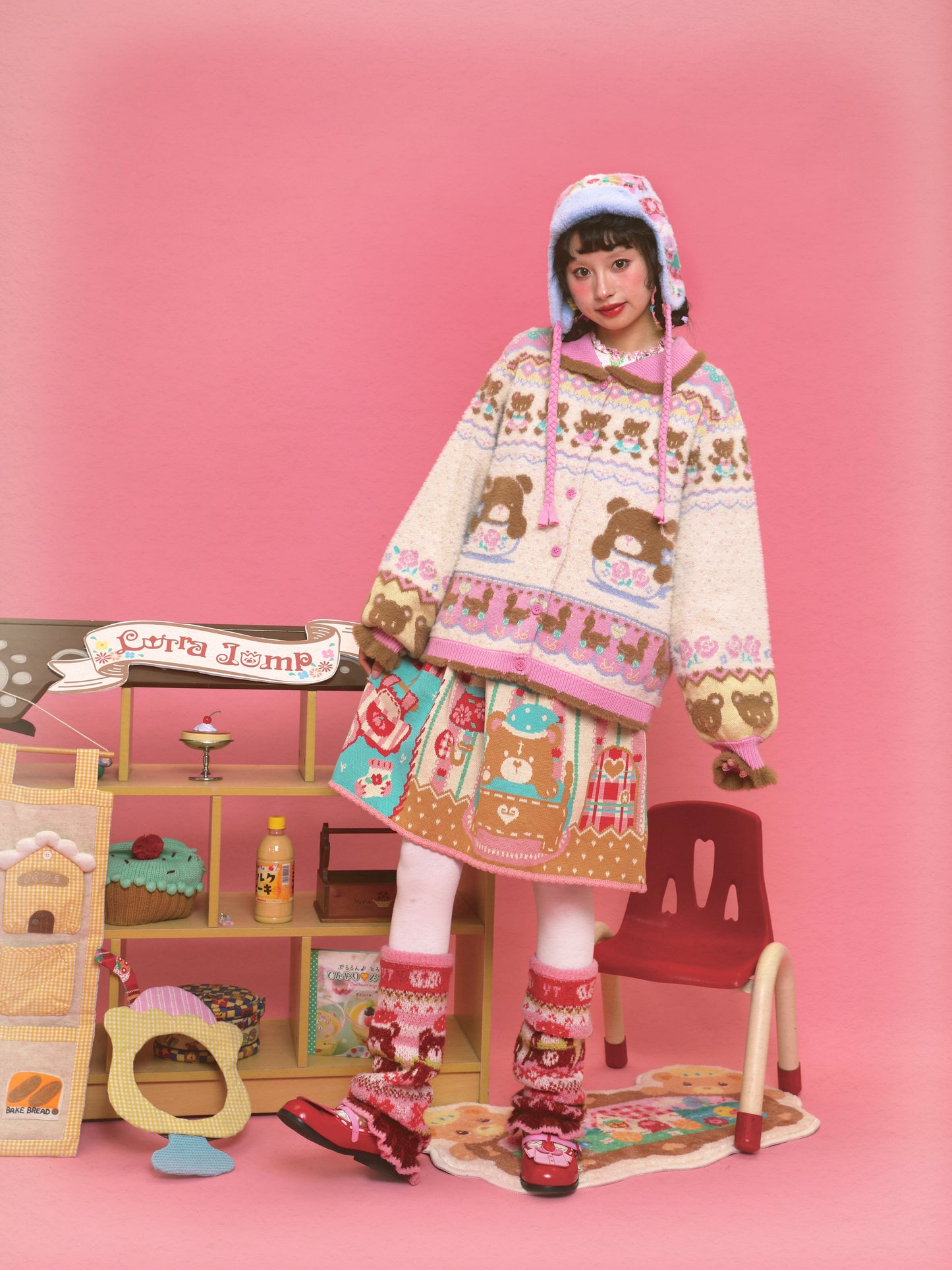 Creamy White Teacup Bear Fair Isle Mink Fur Warm Knitted Cardigan
