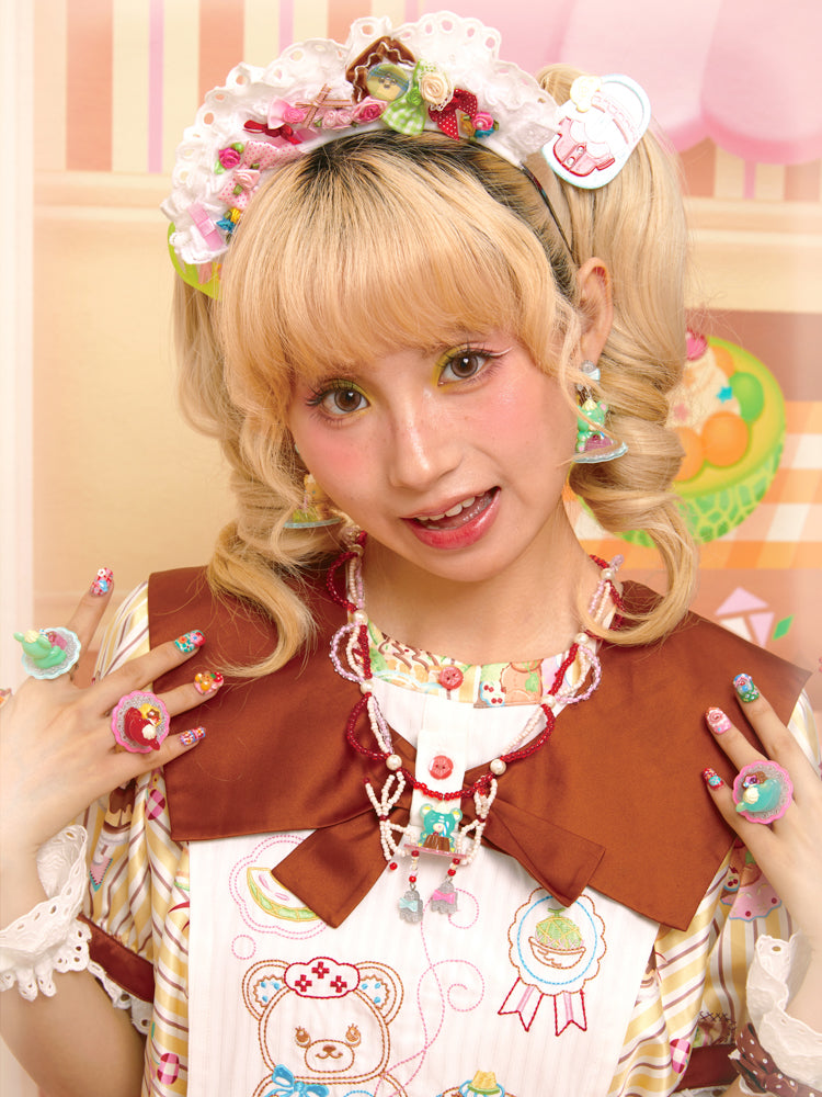 Original Vintage Pudding Bear Resin Beaded Cream Necklace