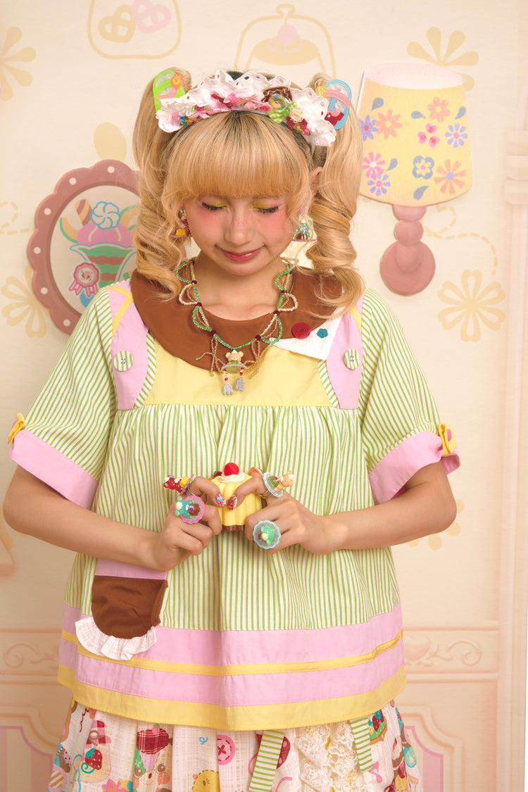 Green striped asymmetric collar cute babydoll shirt top(Long sleeves and short sleeves)