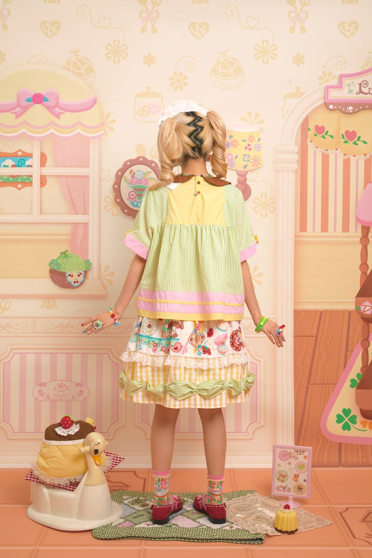 Green striped asymmetric collar cute babydoll shirt top(Long sleeves and short sleeves)