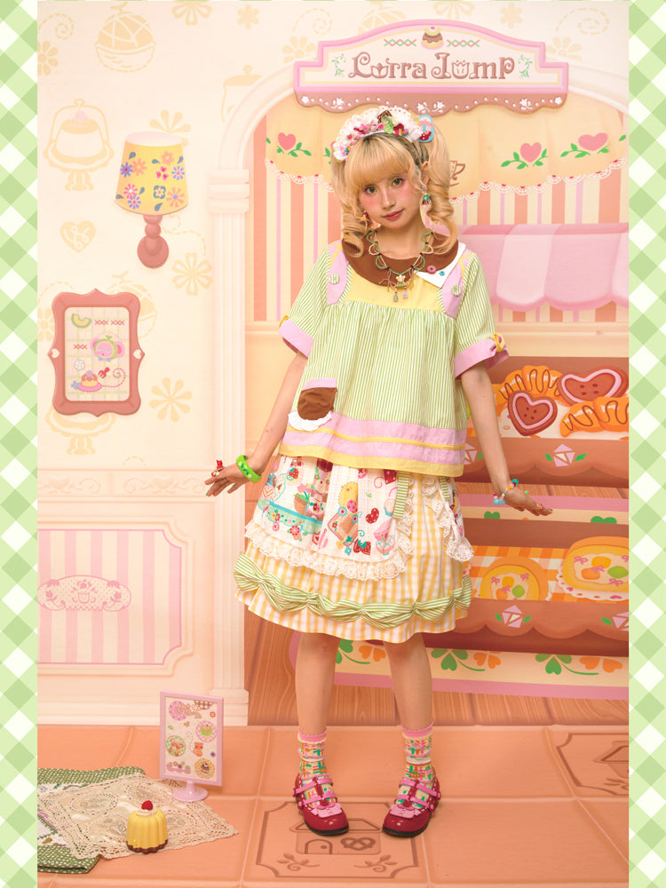 Two-piece original printed apron lace plaid retro skirt short skirt