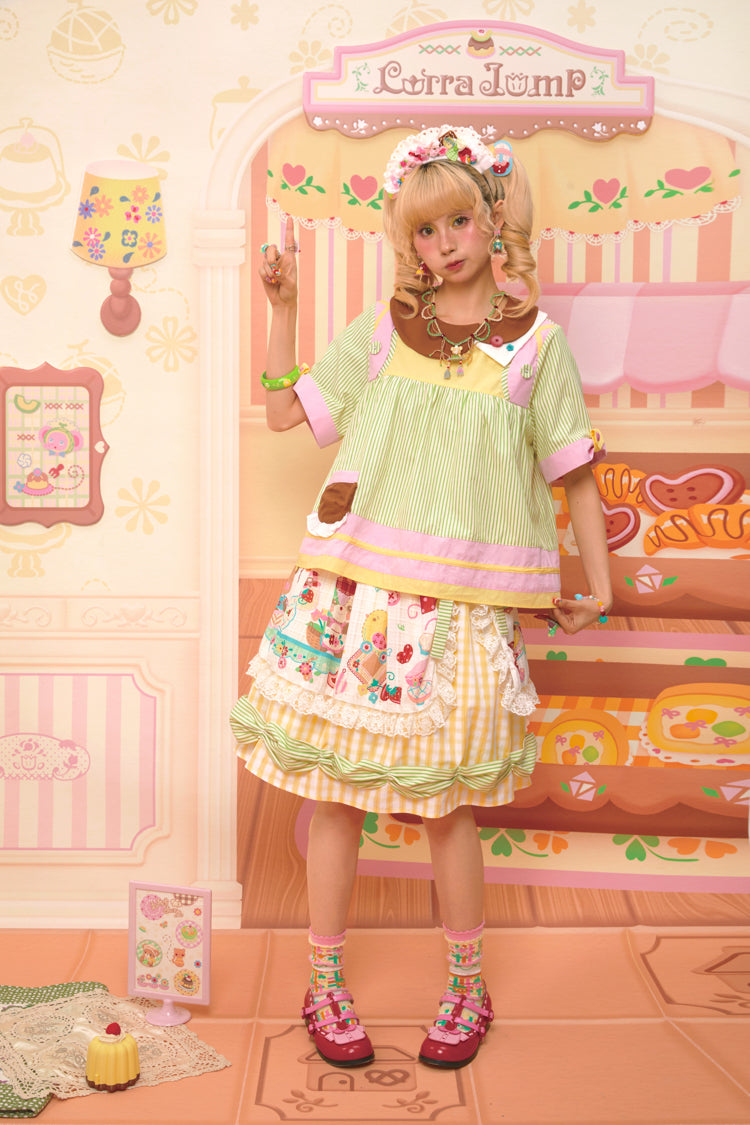 Green striped asymmetric collar cute babydoll shirt top(Long sleeves and short sleeves)