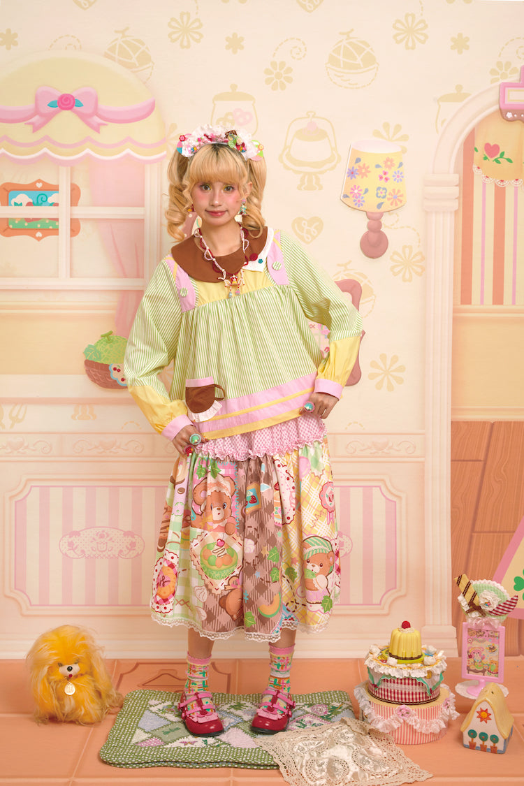 Green striped asymmetric collar cute babydoll shirt top(Long sleeves and short sleeves)