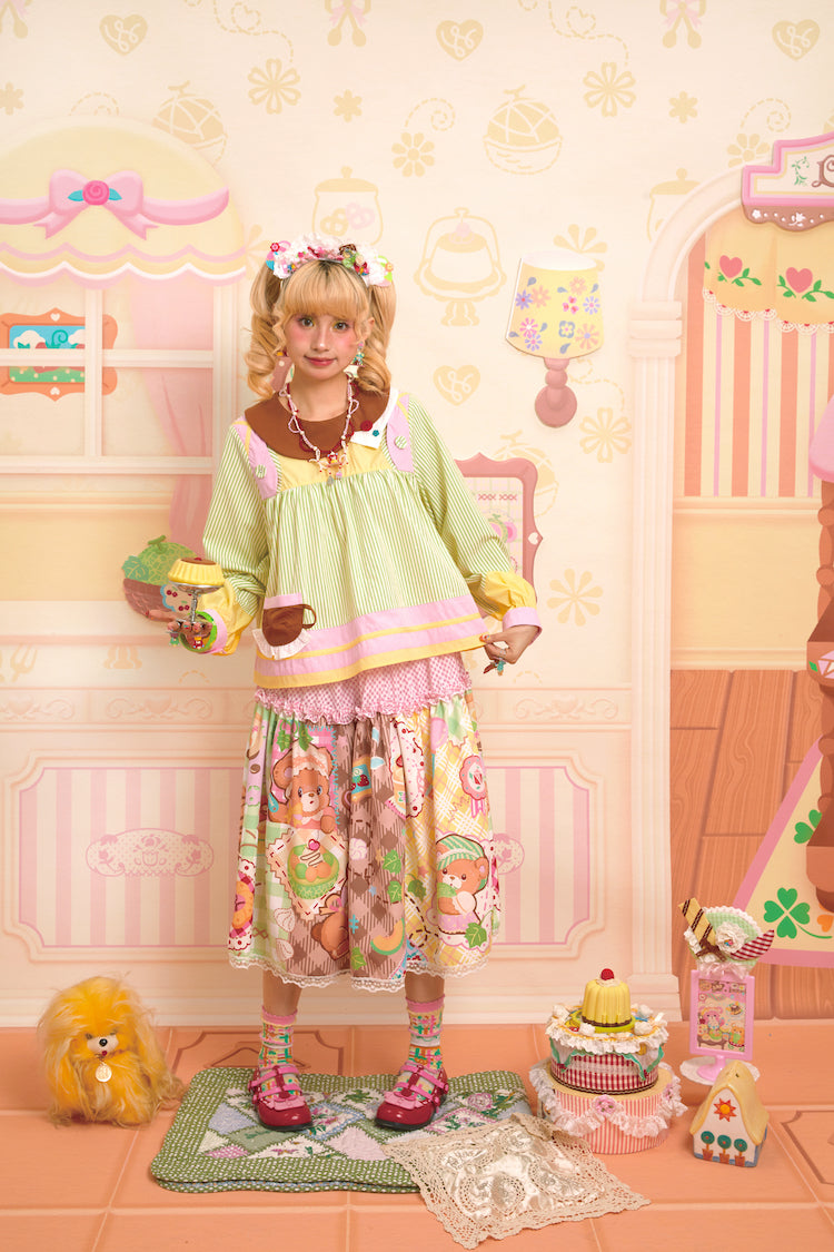 Original Print Bear Melon Patchwork Style Pattern Splicing Half Skirt Long Skirt
