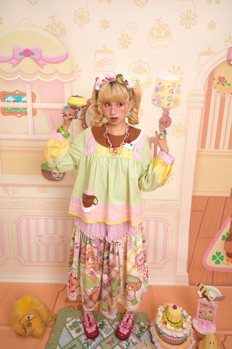 Green striped asymmetric collar cute babydoll shirt top(Long sleeves and short sleeves)