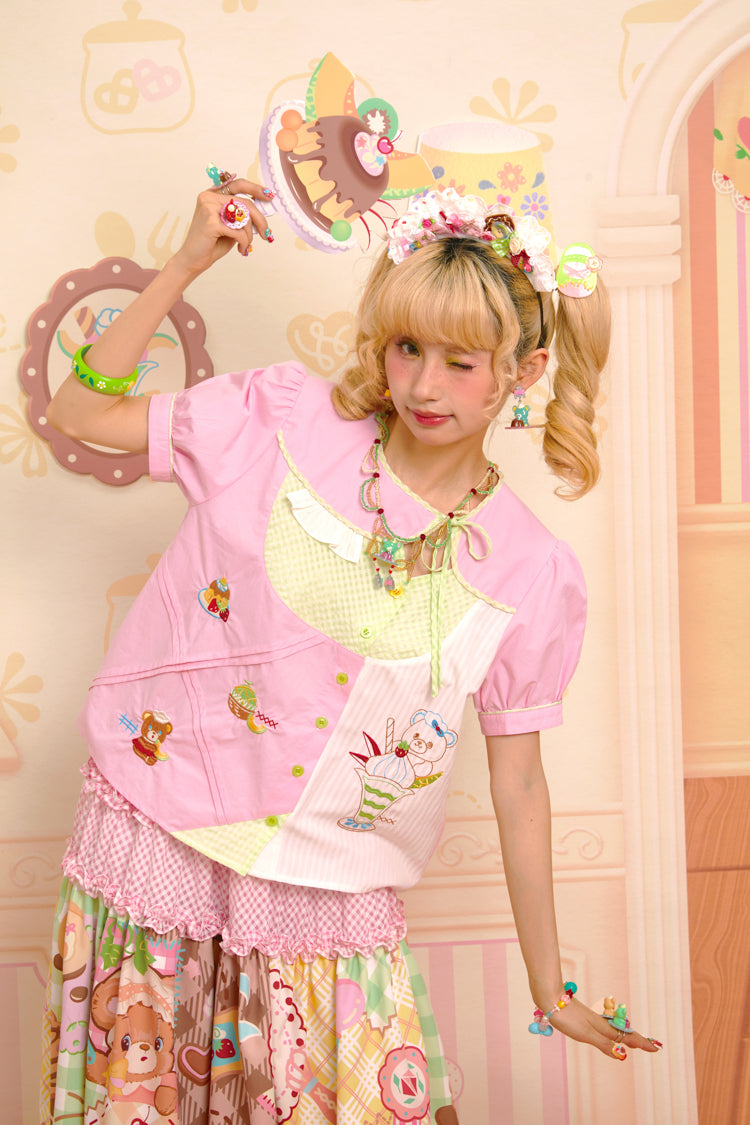 Pink collar stitching embroidery sweet asymmetric versatile shirt top