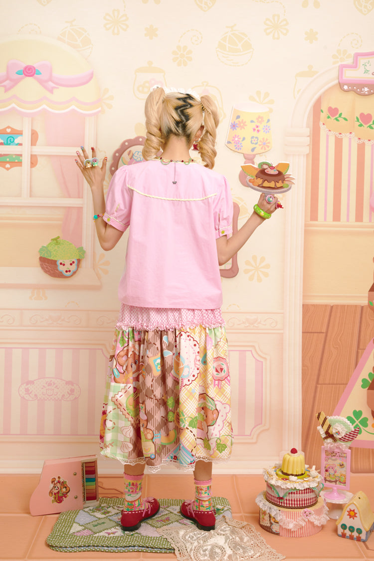 Pink collar stitching embroidery sweet asymmetric versatile shirt top