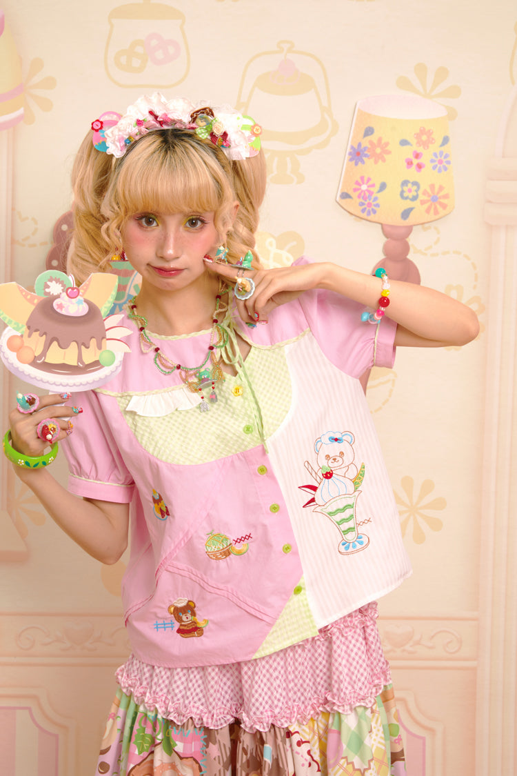 Pink collar stitching embroidery sweet asymmetric versatile shirt top