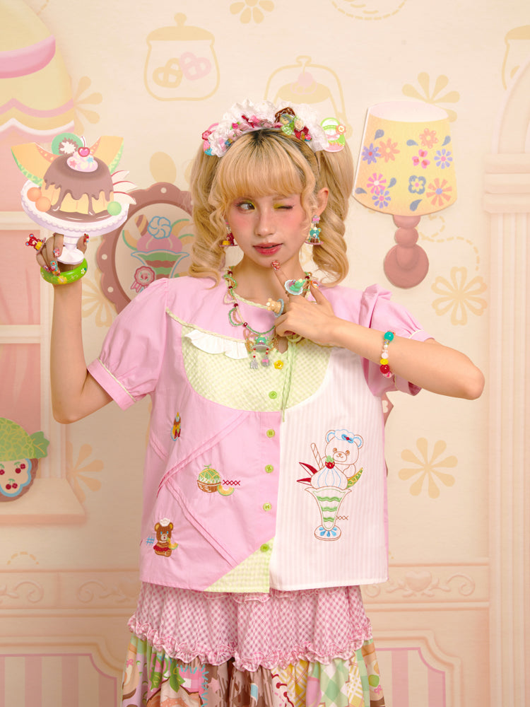 Pink collar stitching embroidery sweet asymmetric versatile shirt top
