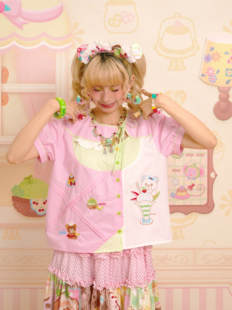 Pink collar stitching embroidery sweet asymmetric versatile shirt top