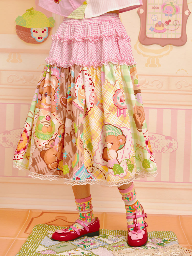 Original Print Bear Melon Patchwork Style Pattern Splicing Half Skirt Long Skirt