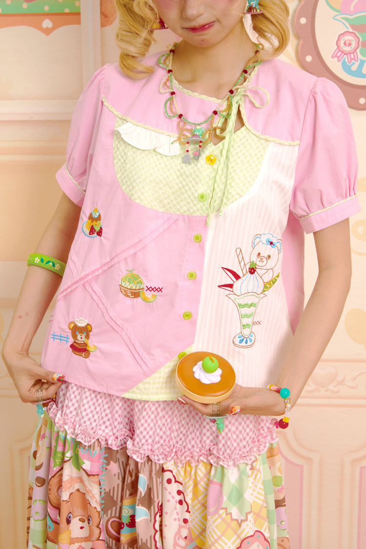 Pink collar stitching embroidery sweet asymmetric versatile shirt top