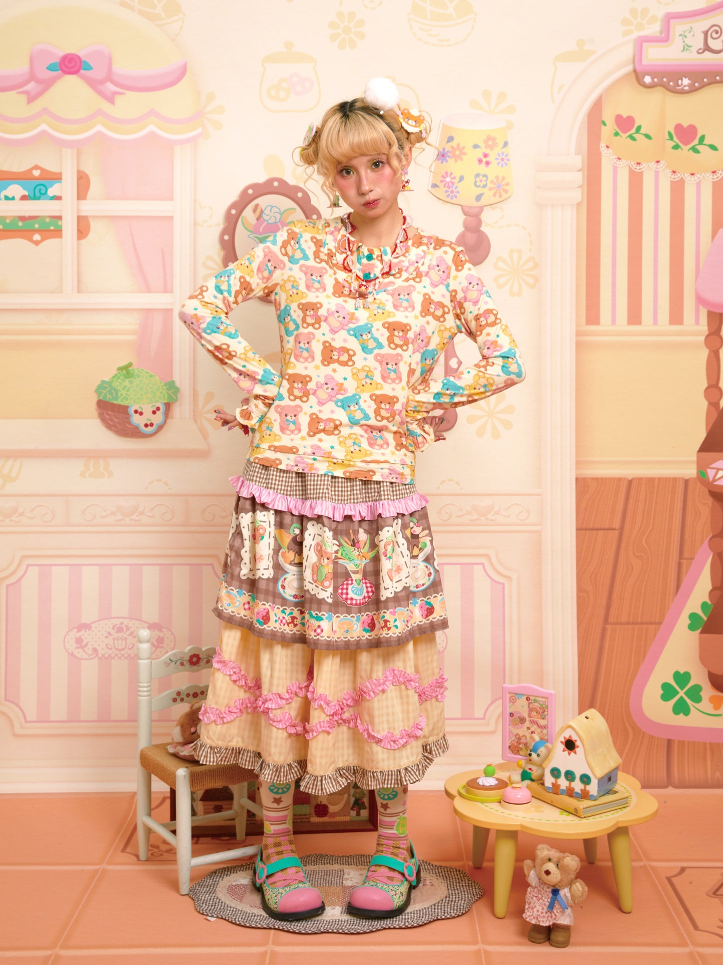 Bear print faux two-piece design, versatile long-sleeved elastic base layer