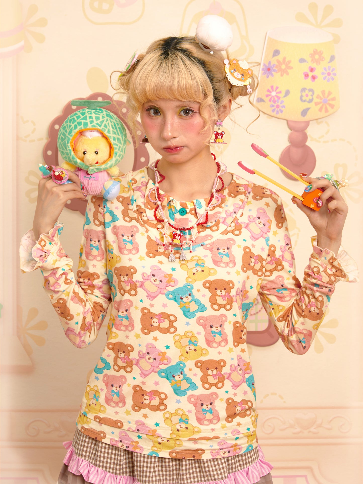 Bear print faux two-piece design, versatile long-sleeved elastic base layer