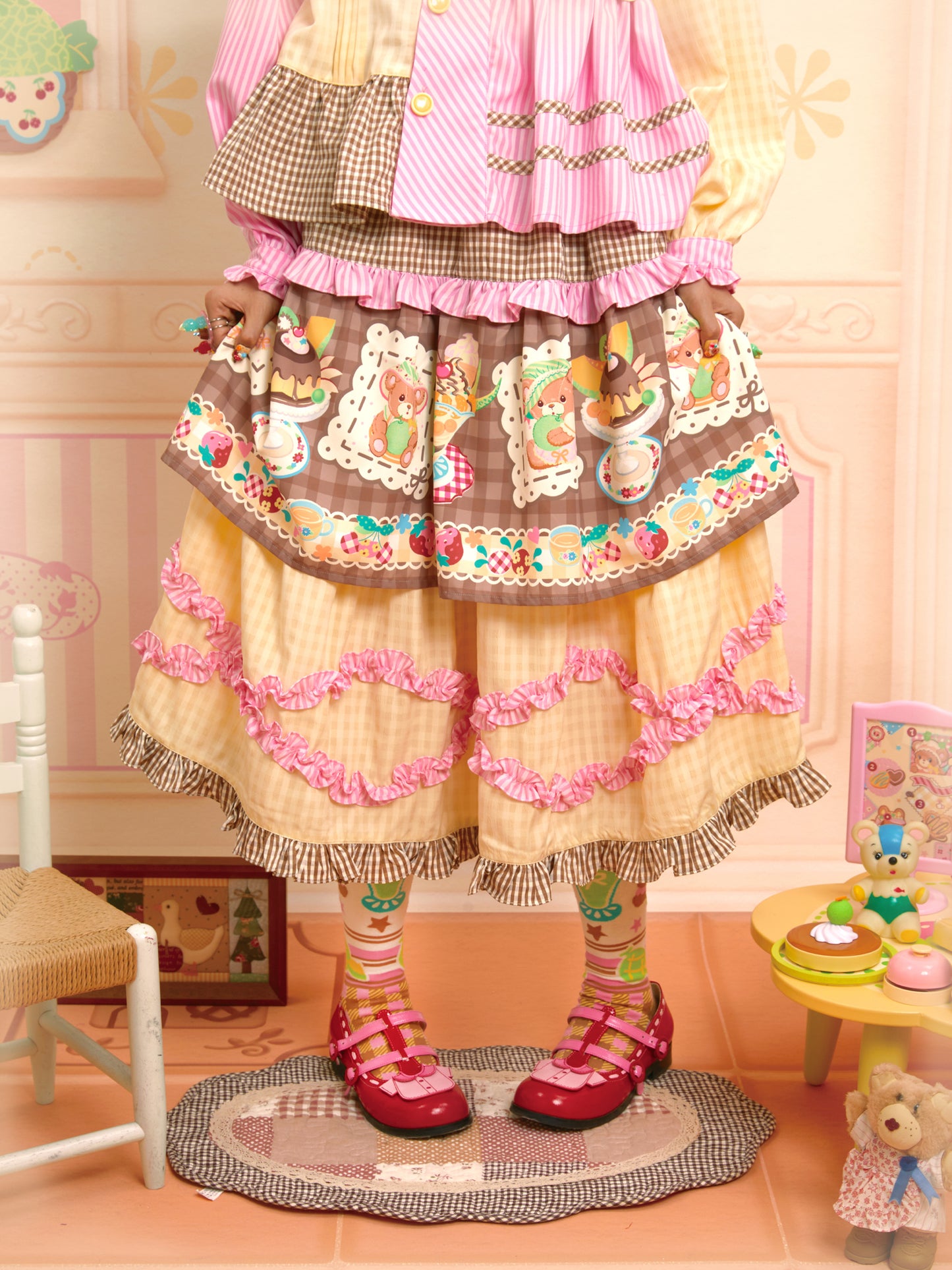 Plaid print patchwork lace design layered cake skirt half skirt long skirt