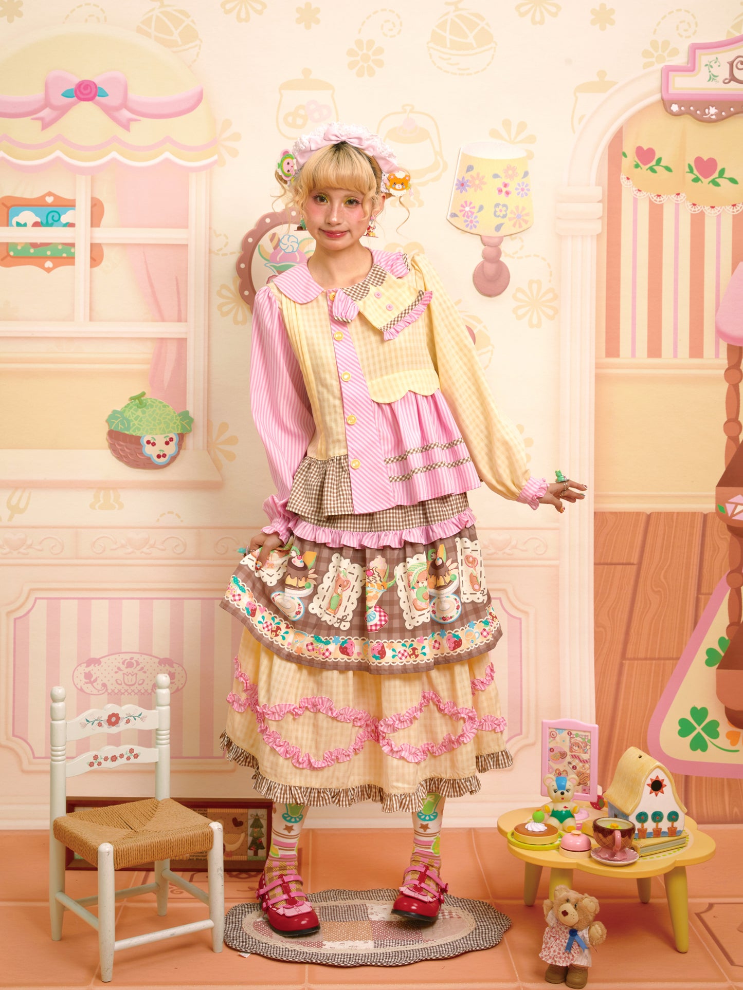 Plaid print patchwork lace design layered cake skirt half skirt long skirt