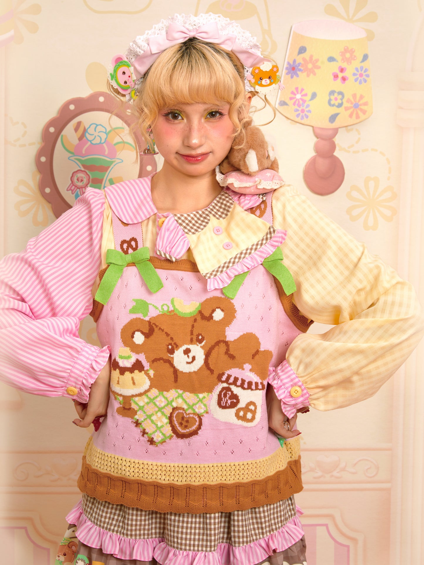 Pink Bear Afternoon Tea Pattern Hollow Knit Camisole Vest