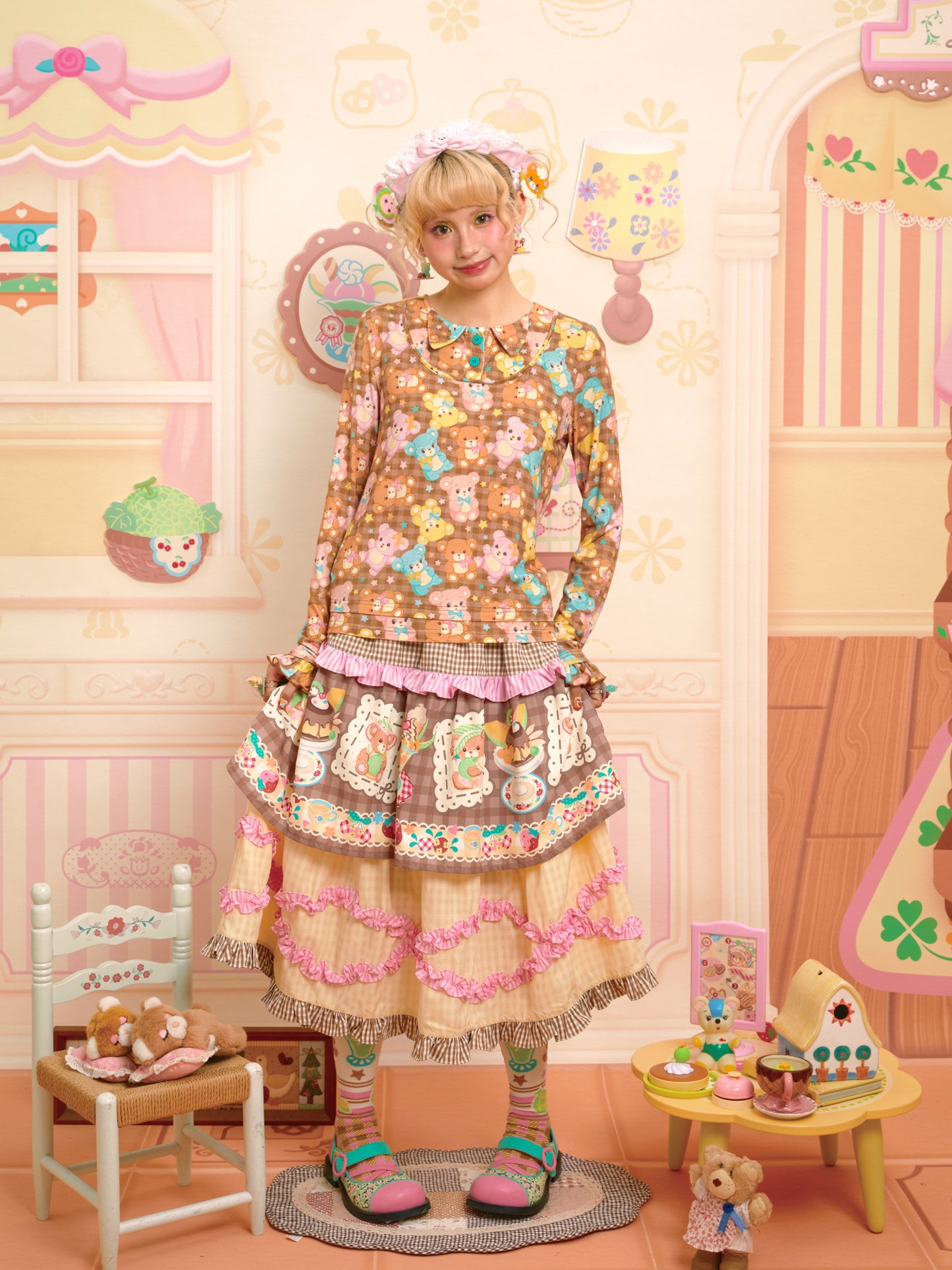 Bear print faux two-piece design, versatile long-sleeved elastic base layer