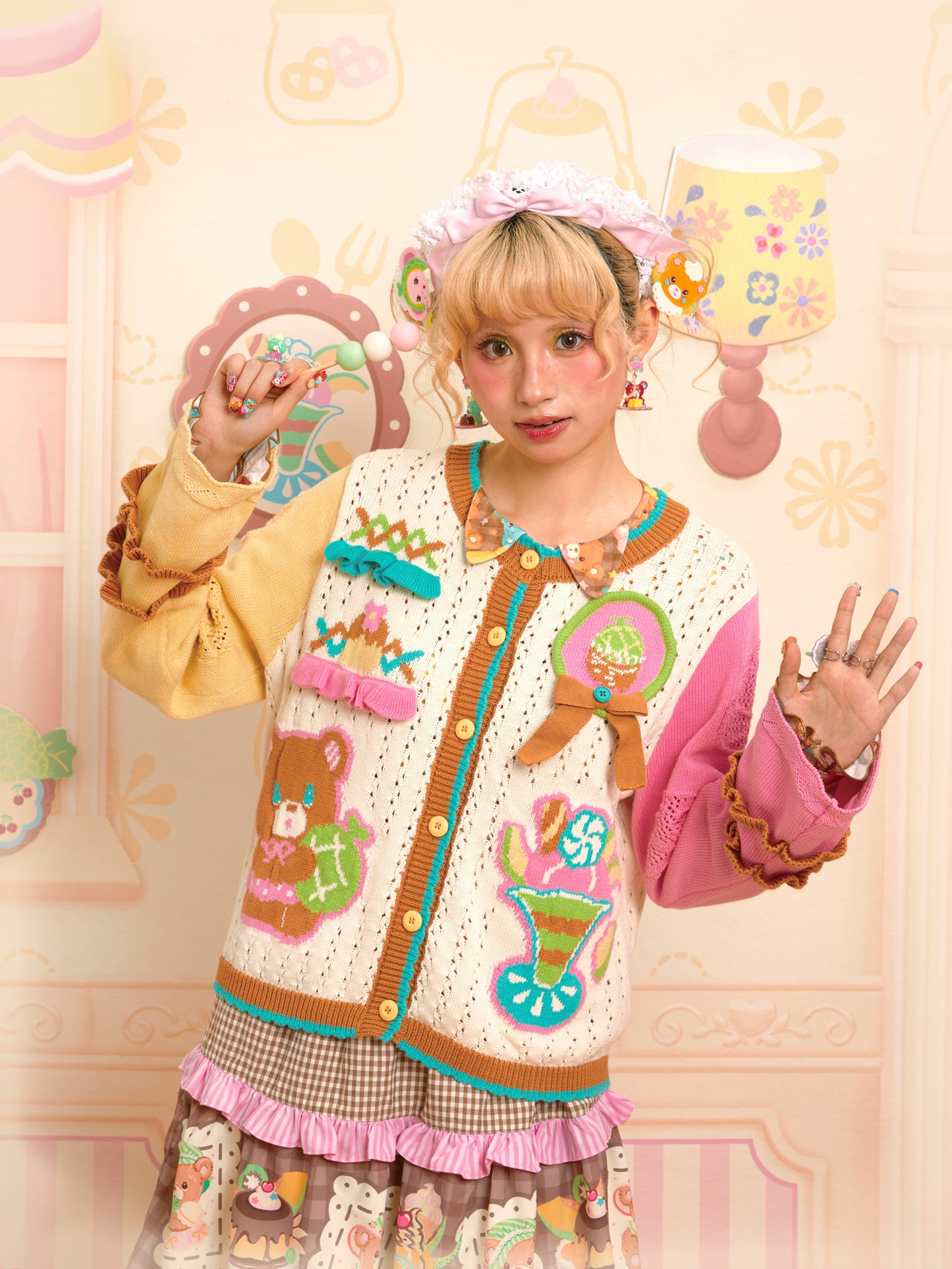 Beige colorblock retro childlike chunky needle melon sweater knitted cardigan