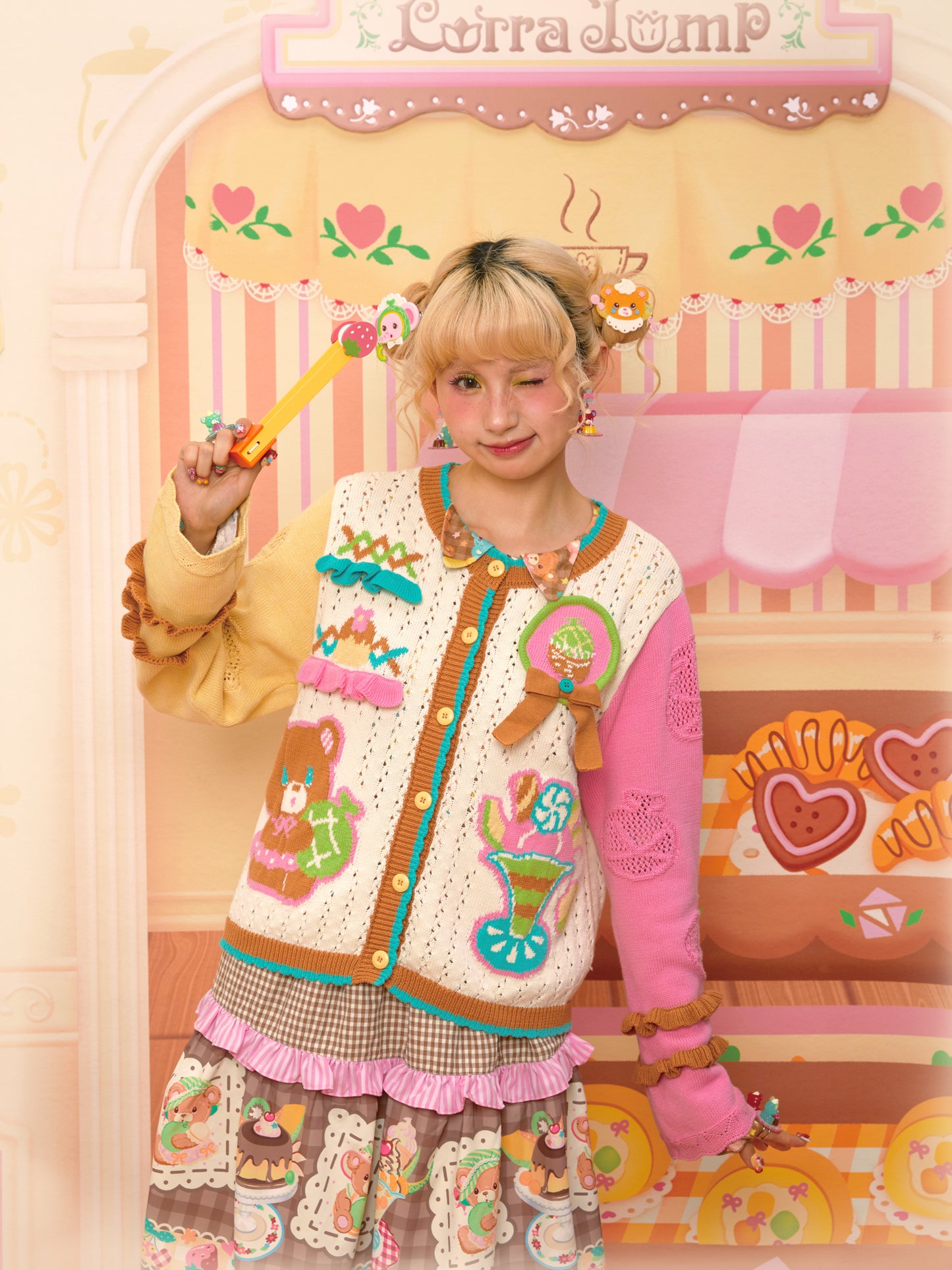 Beige colorblock retro childlike chunky needle melon sweater knitted cardigan