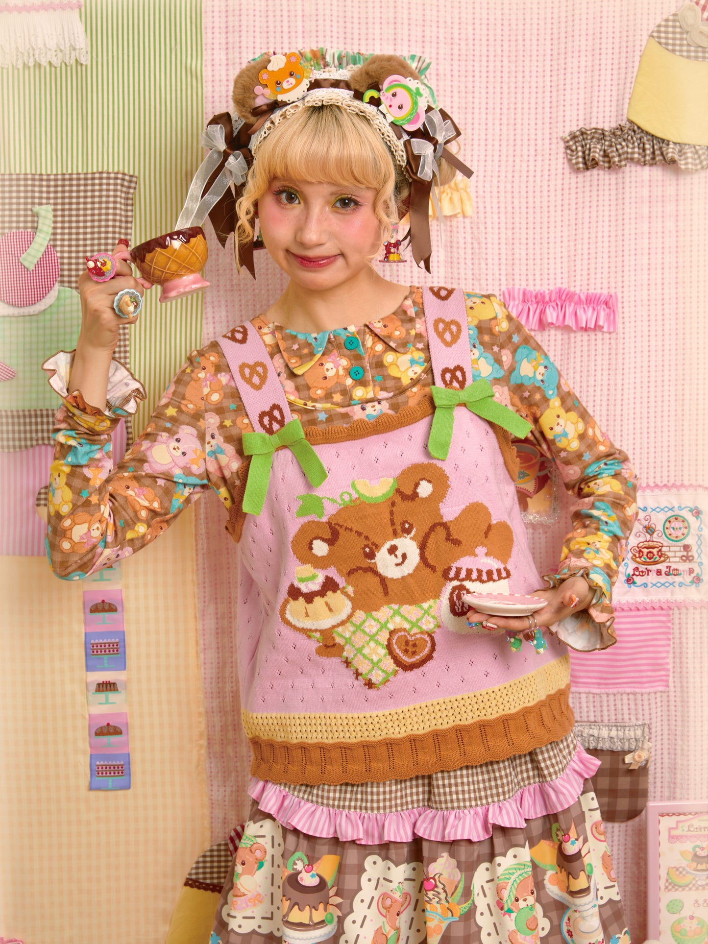 Pink Bear Afternoon Tea Pattern Hollow Knit Camisole Vest