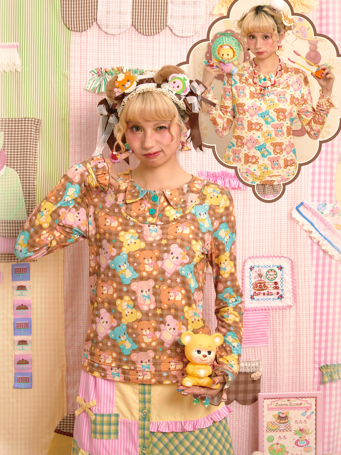 Bear print faux two-piece design, versatile long-sleeved elastic base layer