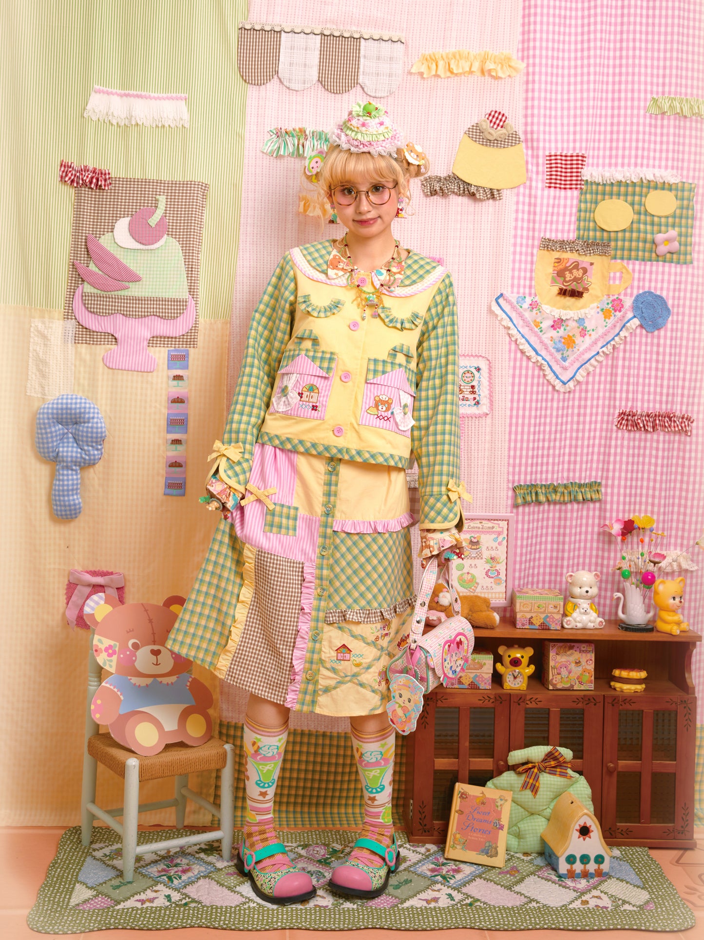 Original patchwork plaid embroidered melon-colored jacket & patchwork skirt set