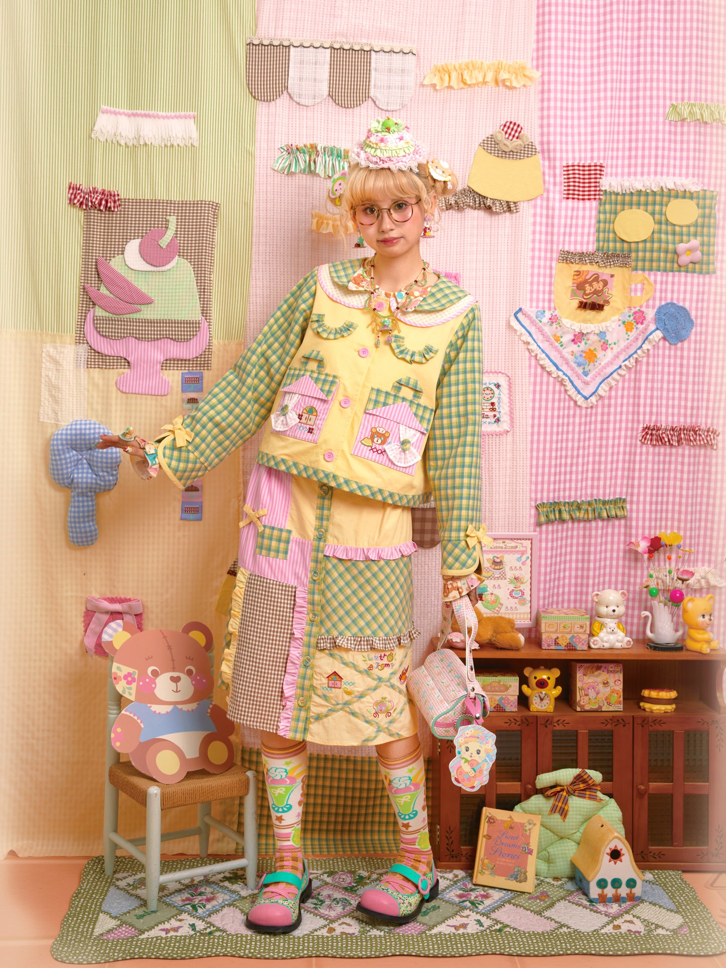 Original patchwork plaid embroidered melon-colored jacket & patchwork skirt set