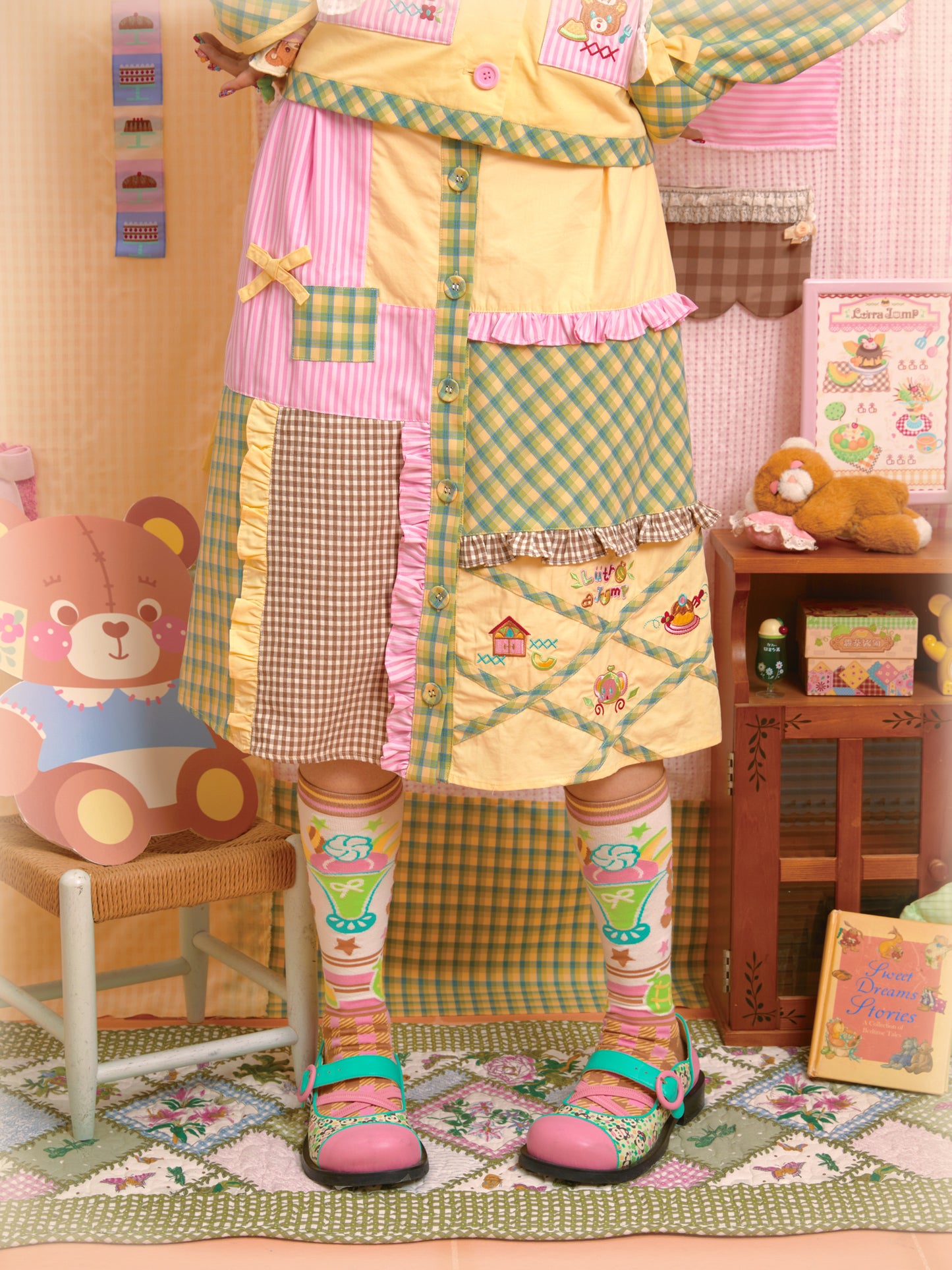 Original patchwork plaid embroidered melon-colored jacket & patchwork skirt set