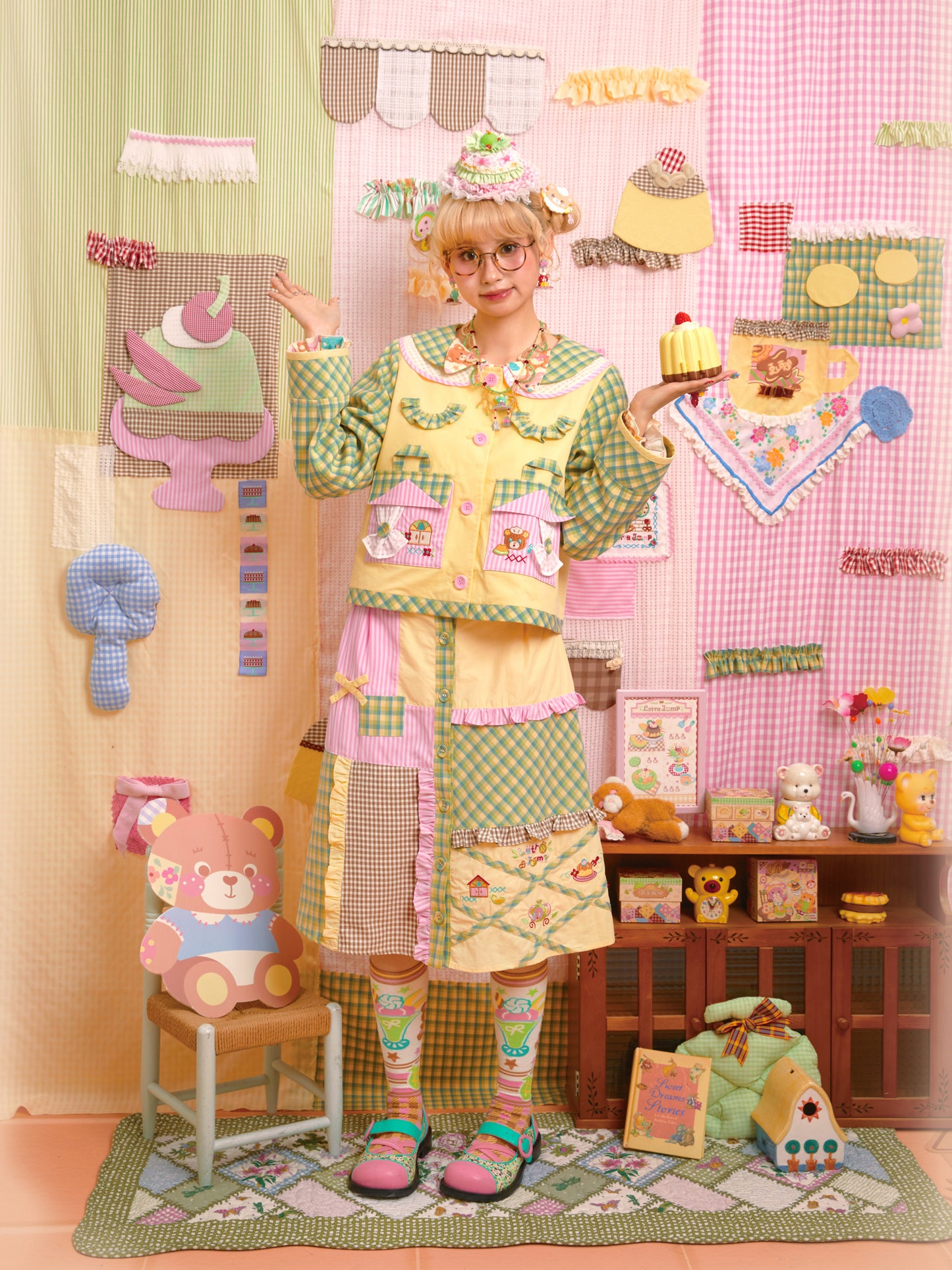 Original patchwork plaid embroidered melon-colored jacket & patchwork skirt set