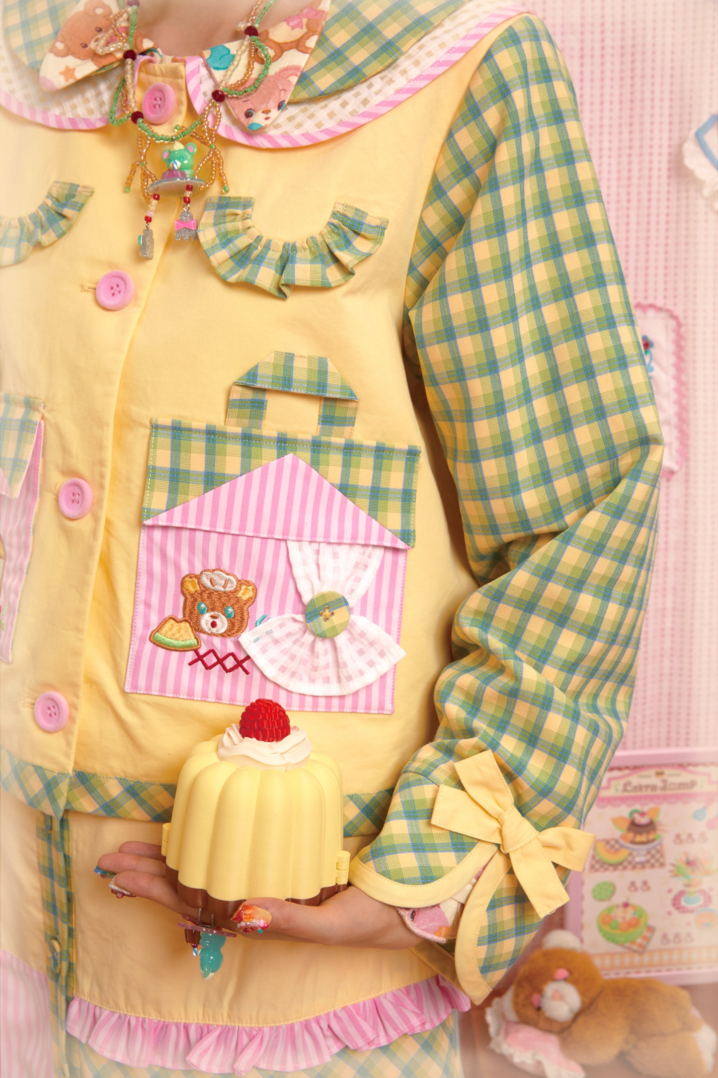 Original patchwork plaid embroidered melon-colored jacket & patchwork skirt set