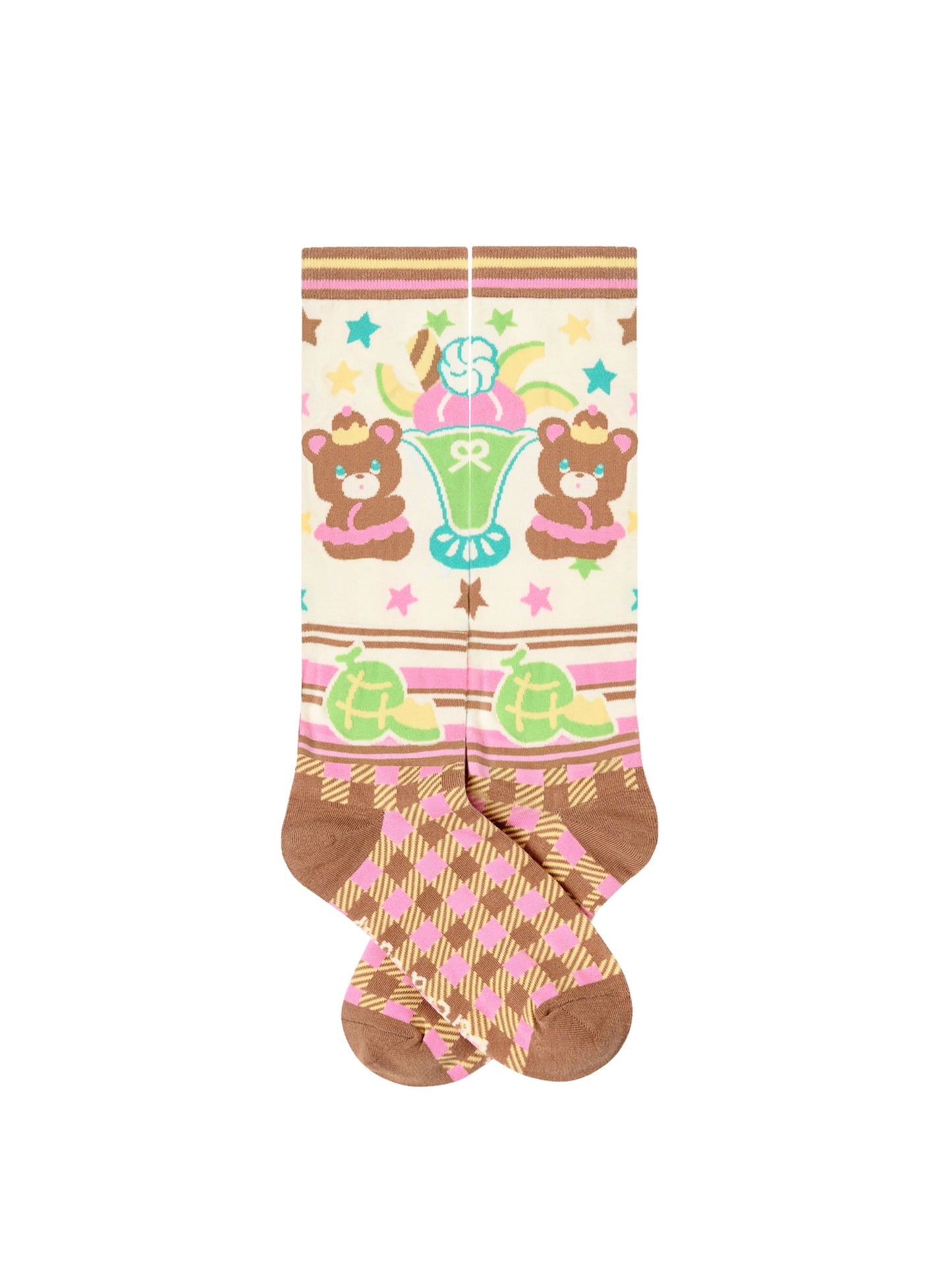 Original pattern bear melon parfait all-match plaid mid-calf socks