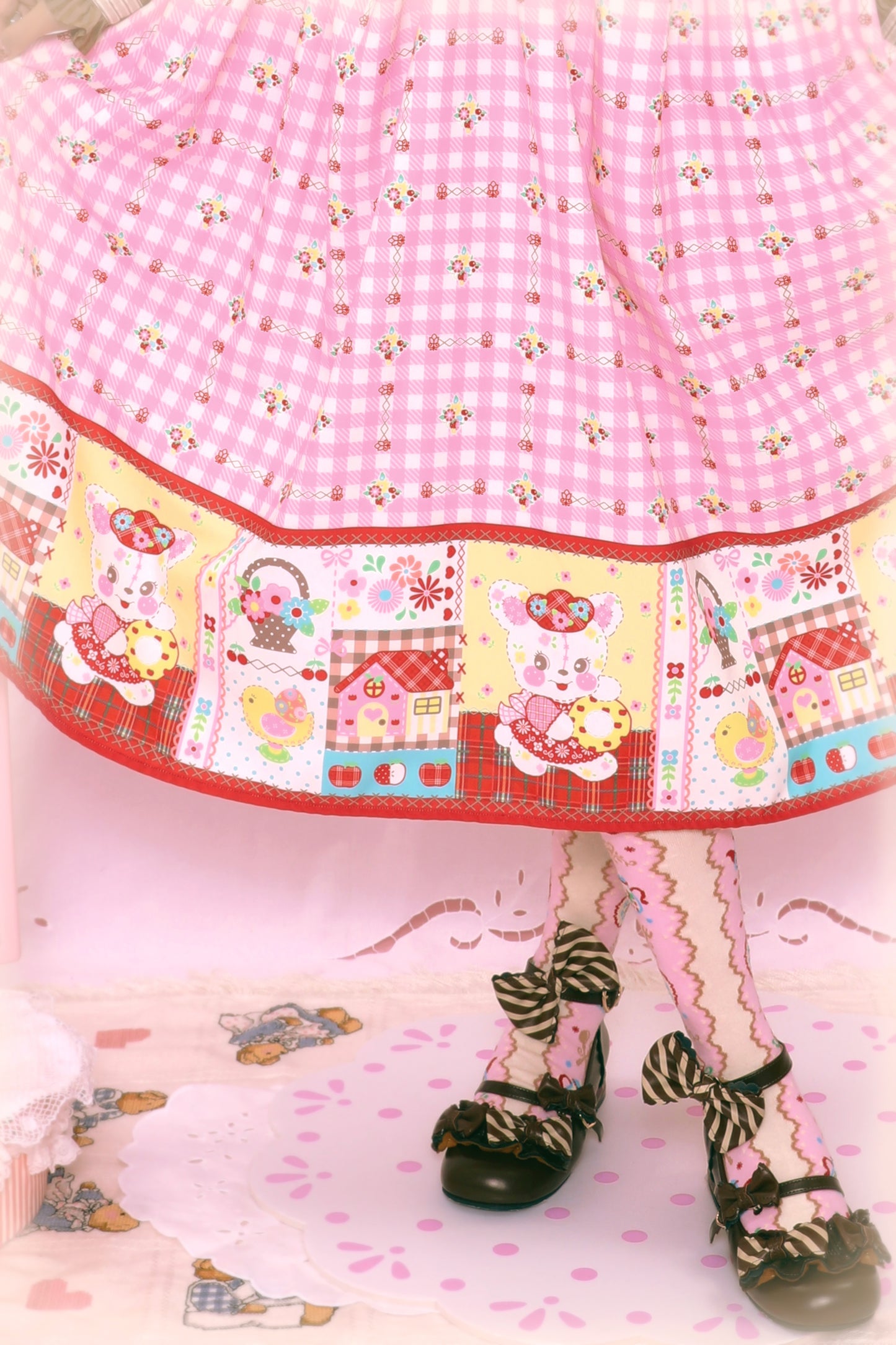Pink plaid print bunny sweet lace loose vest dress long skirt