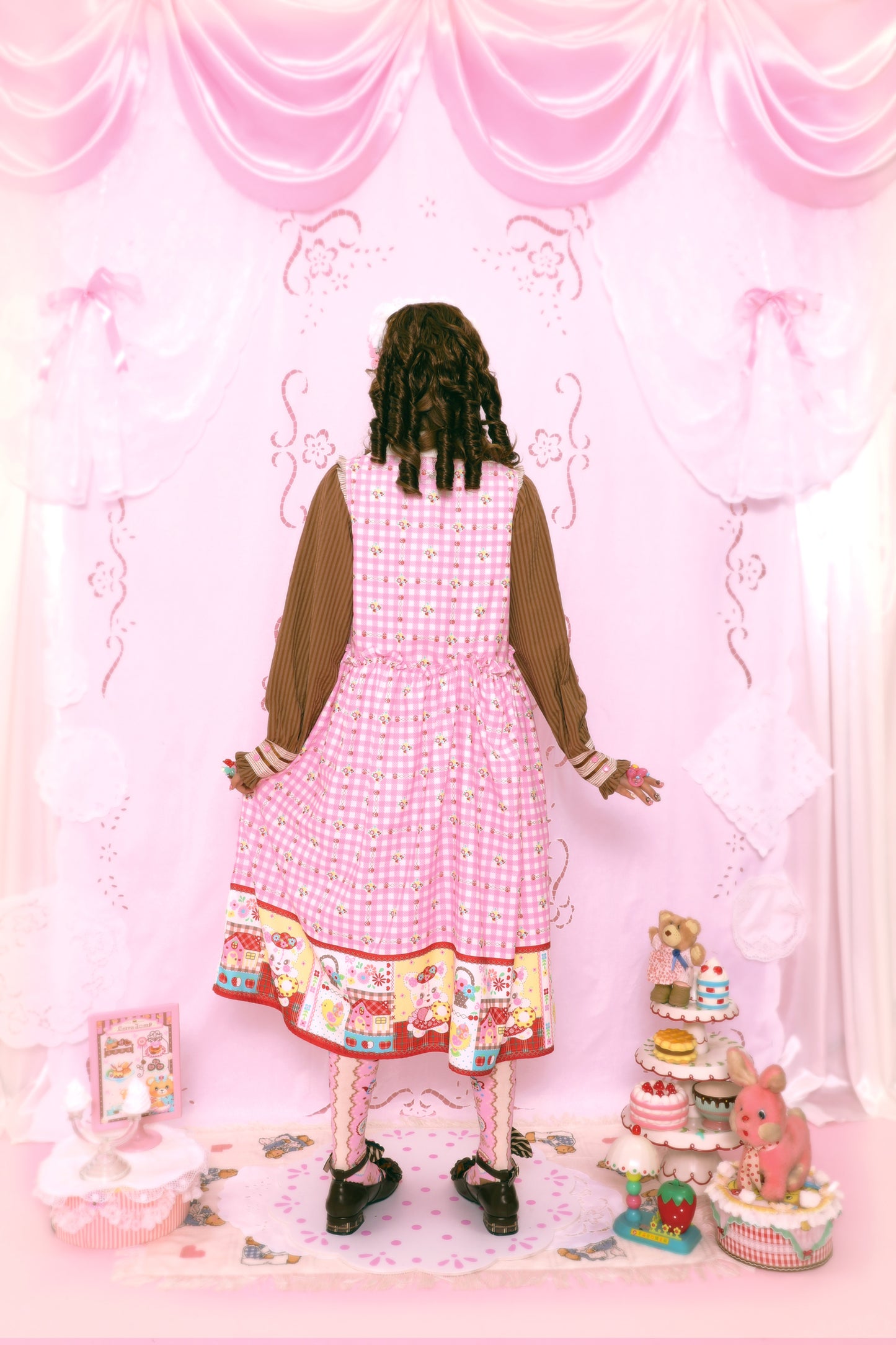 Pink plaid print bunny sweet lace loose vest dress long skirt