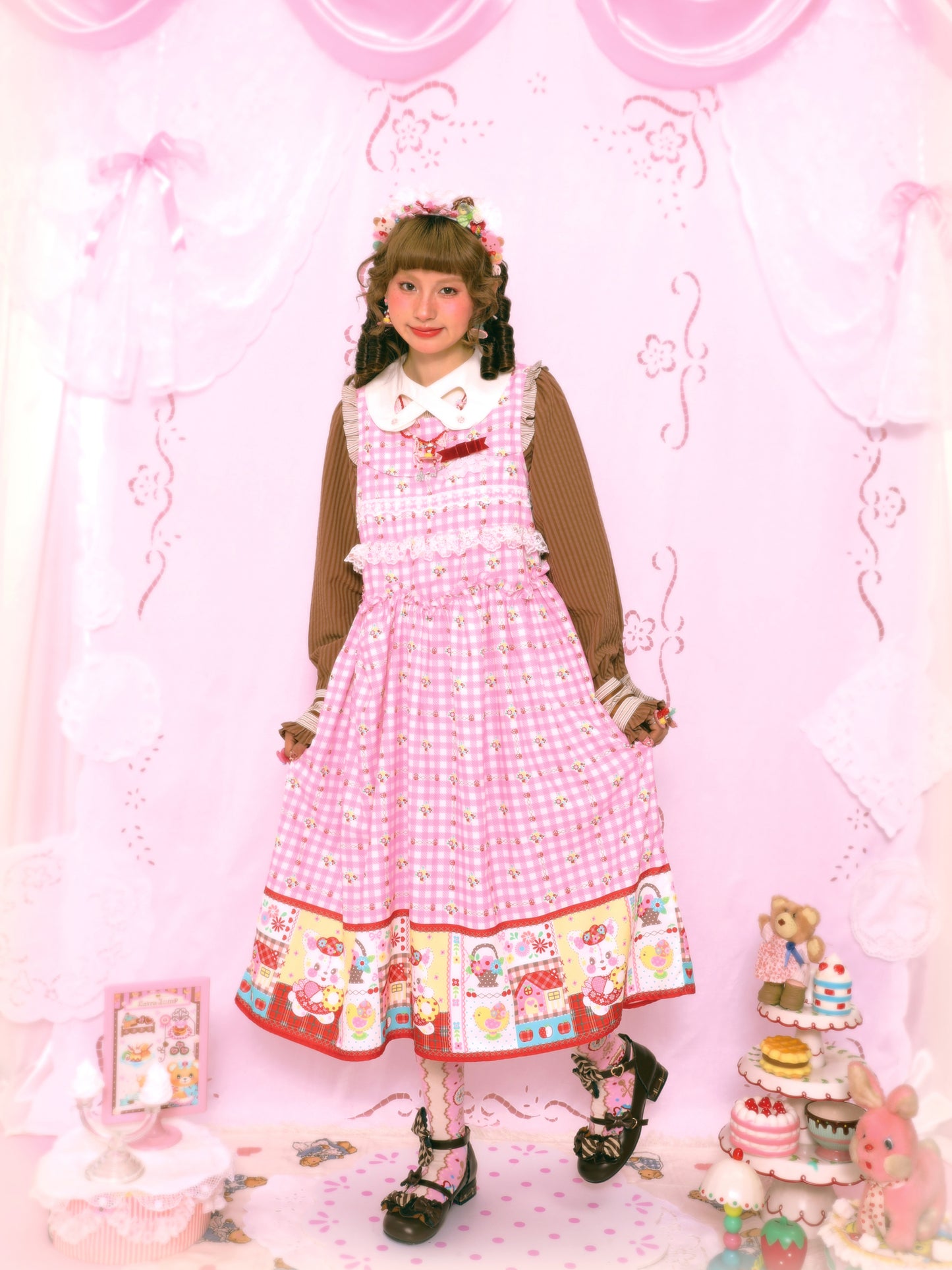 Pink plaid print bunny sweet lace loose vest dress long skirt