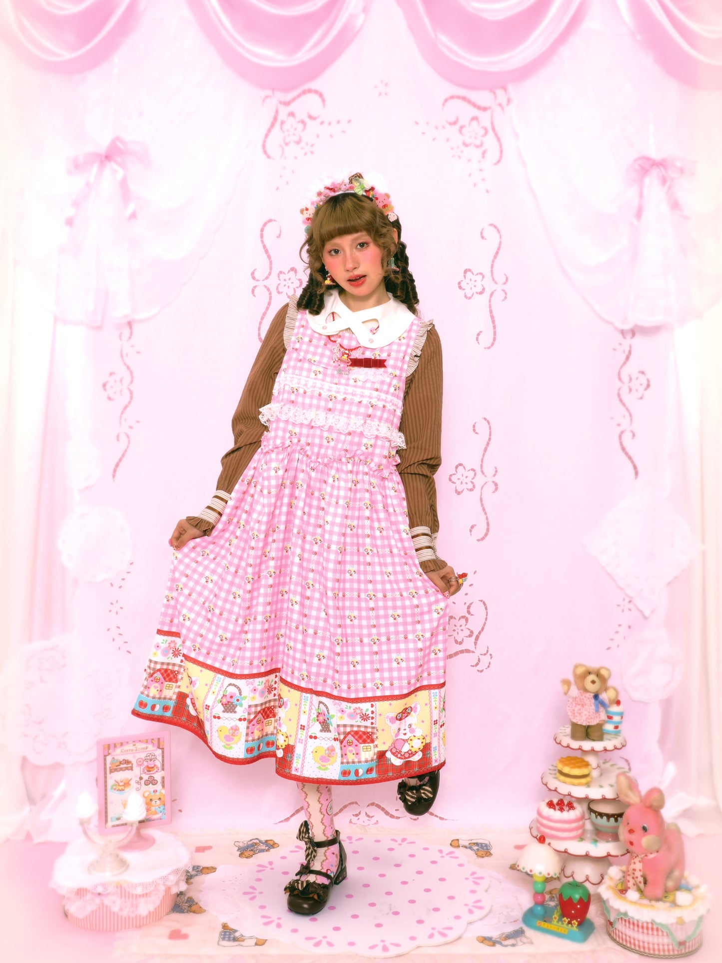 Pink plaid print bunny sweet lace loose vest dress long skirt
