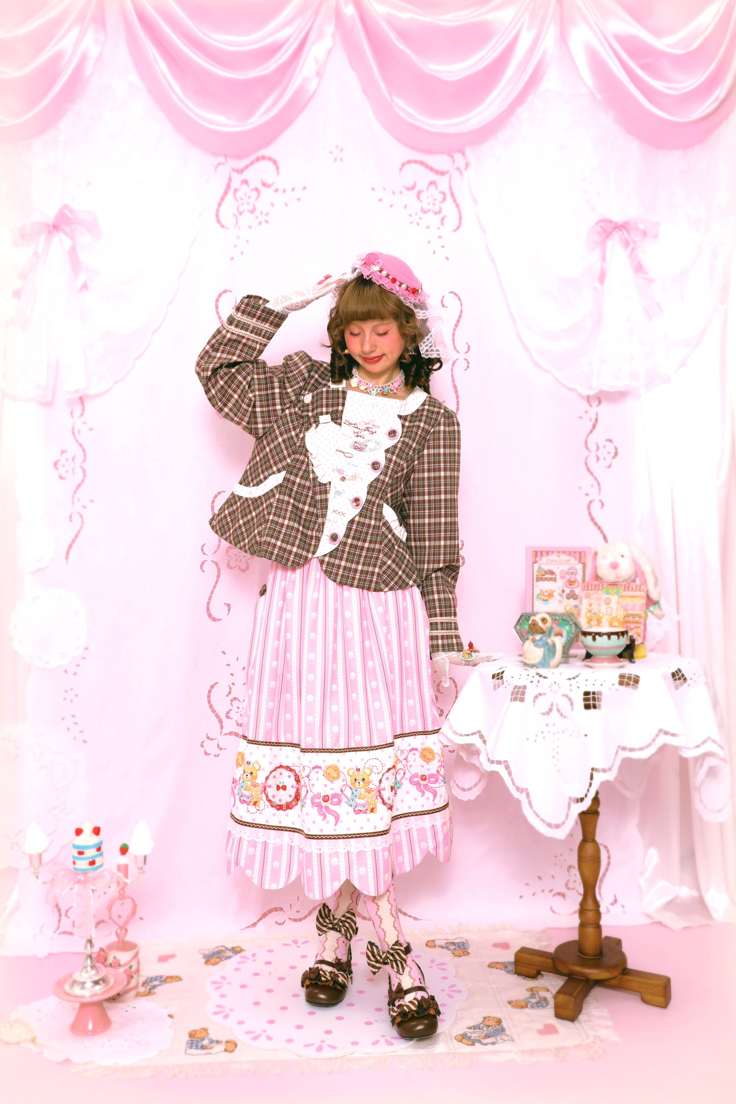 Retro Polka Dot Embroidery Tea Break Suit Jacket Pink & Coffee